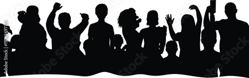 Protesting crowd silhouette, people raising hands and placards isolated on white background demonstration rally vector illustration