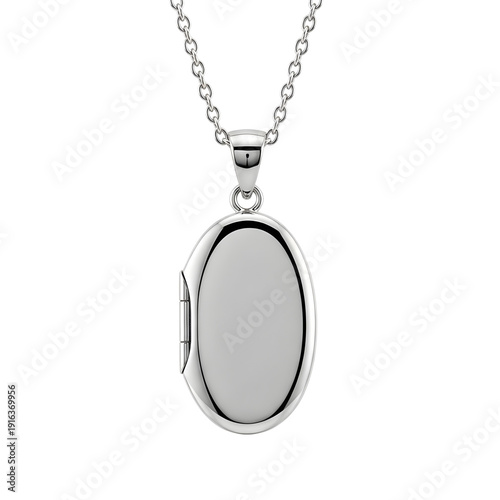 Silver locket pendant hanging from a chain, showcasing its oval shape and reflective surface.