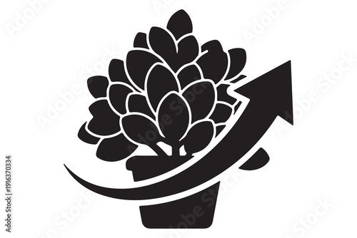 Potted plant with an upward curved arrow silhouette representing business growth and success