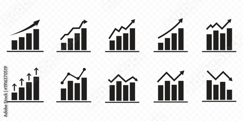 Business chart icon set showing growth and decline trends. Bar graphs with up and down arrows for analytics  statistics  financial performance  revenue increase  sales growth  profit loss