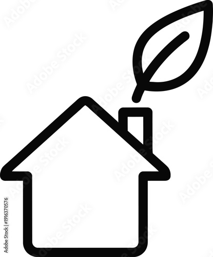 Black line drawing of a house with a leaf coming out of the chimney