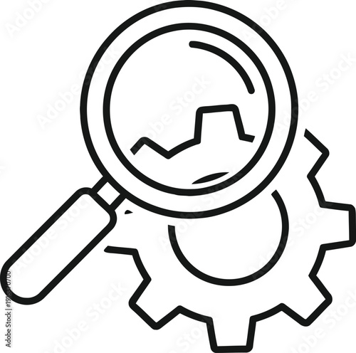 Magnifying glass on gear with graph inside for analysis and inspection