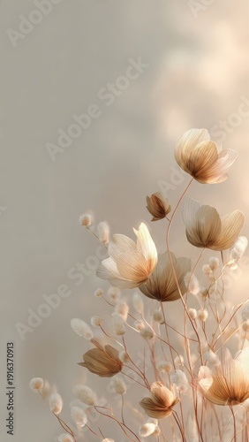 Minimal abstract background in grey and golden colors with flowers and copy space for mother's day vertical