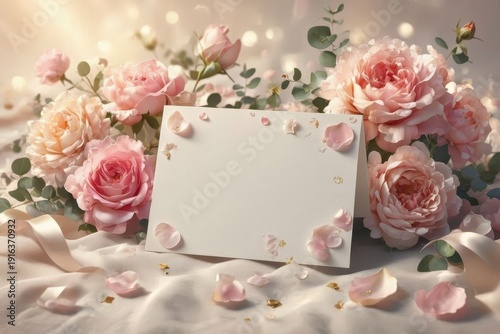 Romantic floral background with pink roses and black card and copy space mother's day