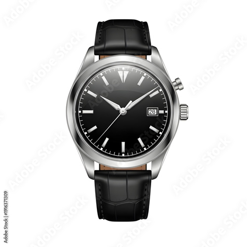 Man wearing a black leather wristwatch with silver case and white dial on white background from front view