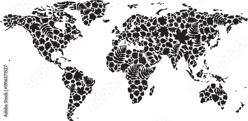 A black and white world map made of small circles Vector, illustration