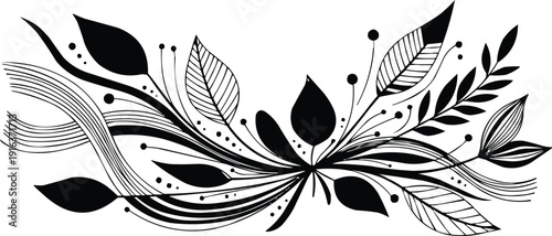 Black and white floral ornament design, with a silhouette leaf and curl illustration, for a material