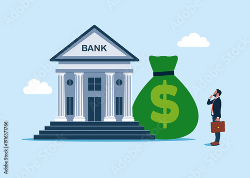 Bank with money bag. Fund raising, charity donation, pension savings, long term investment, income growth, loan payment. Flat vector illustration