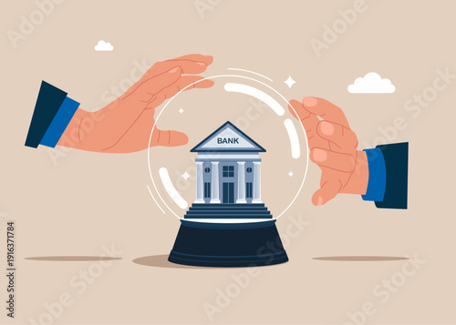 Crystal magic ball with a bank. Business forecast, investment stock market prediction. Flat vector illustration