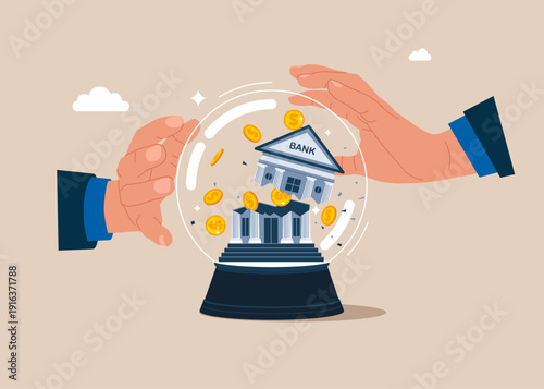 Crystal magic ball with a ruined bank.. Business forecast, investment stock market prediction. Flat vector illustration