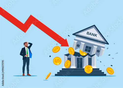 Ruined bank. Financial crisis. Bankruptcy unpaid loan debt, investment failure.  Modern vector illustration in flat style