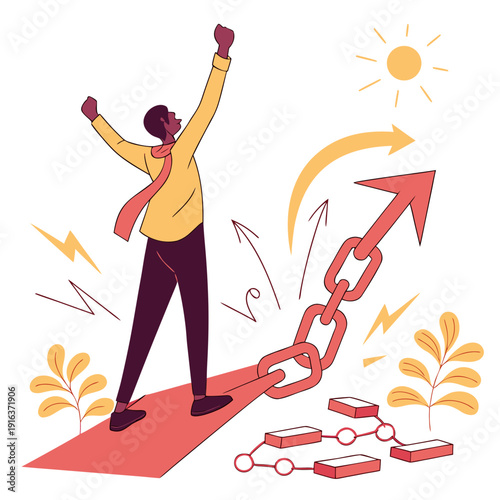 Man breaking free from chains with rising arrow