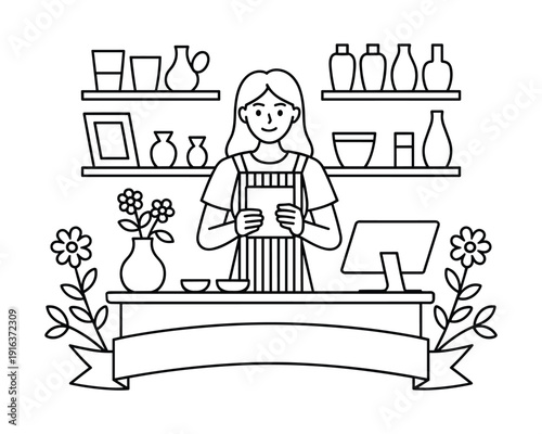 A cheerful shopkeeper stands behind a counter with vases and a computer display
