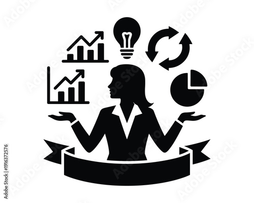 Silhouette of businesswoman surrounded by business icons representing growth and strategy