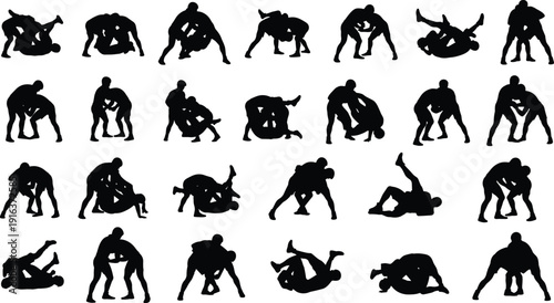 Mixed martial arts and wrestling silhouettes set featuring various grappling, throwing, and combat positions for sports training and competition design elements.