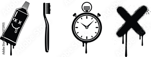 Street art graffiti icons set including dripping toothpaste tube, toothbrush, stopwatch timer and cross mark, urban style stencil vector illustrations on white.