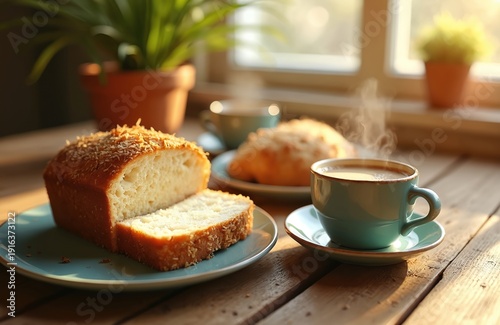Freshly baked coconut bread sits on a rustic wooden table beside a steaming cup of coffee. A plant and window with sunlight in background. Perfect for breakfast or snack.