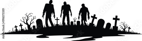 Zombie graveyard silhouette scene, undead monsters rising among tombstones isolated on white background Halloween horror illustration