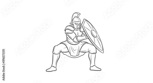 Ancient Warrior in Defensive Stance with Shield and Helmet, Line Art Illustration