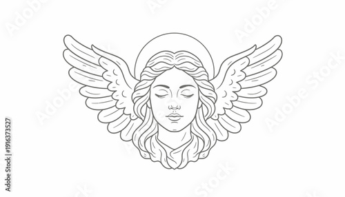 Angel Face with Wings and Halo - Line Art Illustration