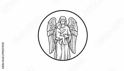 Angel Holding Baby, Guardian Angel, Religious Symbol, Circle Emblem