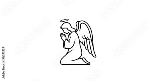 Angel praying on knees, with halo and wings, black and white line art illustration