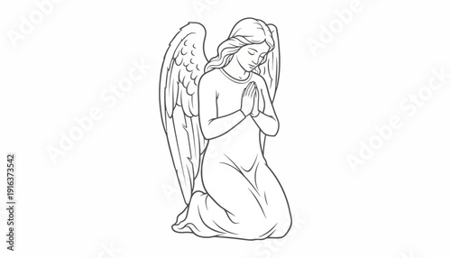 Angel praying on knees, wings spread, religious symbol, line art illustration