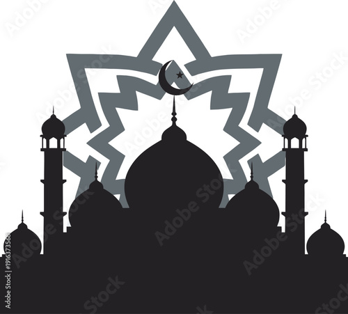 Refined vector illustration crescent moon star mosque silhouette islamic ramadan kareem mubarak greeting.