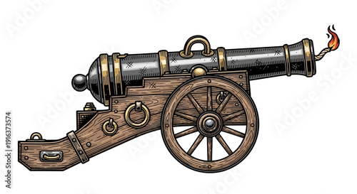 Antique Cannon Firing with Smoke and Flame on White Background
