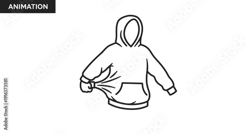 Animated hoodie being stretched, demonstrating fabric elasticity and comfort, isolated on white.