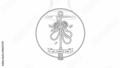 All Saints Day floral wreath with rope knot, autumn leaves, and light bulb illustration