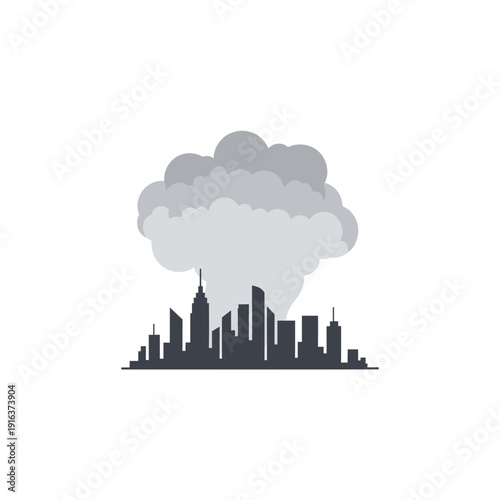 Vibrant City Skyline Silhouette Contrasted Against Towering Explosion Cloud With Apocalyptic Touch