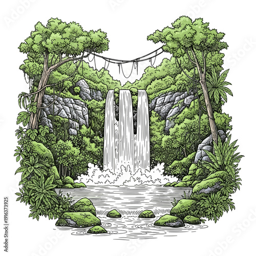 Tropical Waterfall Landscape Illustration for Travel and Adventure Marketing