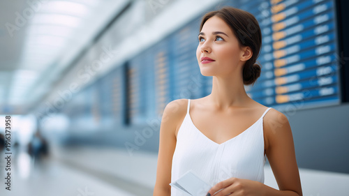 Young Caucasian woman in white summer dress standing at airport terminal, looking up with boarding pass in hand, flight information display visible in background Free Download Young Caucasian woman in white summer dress standing at airport terminal, looking up with boarding pass in hand, flight information display visible in background - GFXLoad