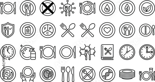 A comprehensive set of minimalist line icons for food, dining, and nutrition, covering meal preparation, dietary needs, restaurant services, health, and food safety.