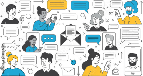 A colorful illustration of people communicating with speech bubbles isolated on transparent background