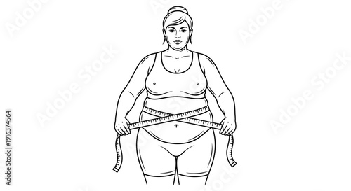 Woman measuring her waist with a tape measure, body positivity, weight loss concept