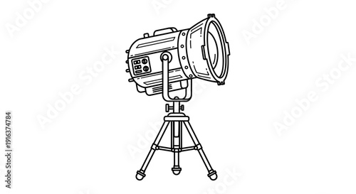 Vintage Spotlight on Tripod, Retro Stage Lighting Equipment, Black and White Illustration