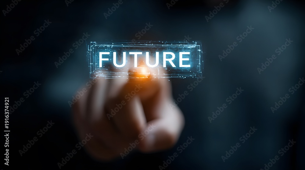Fototapeta premium Futuristic digital interface with the word Future glowing in a high-tech network environment with a human hand interacting with technology