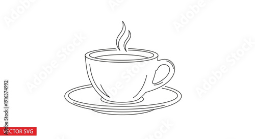 Steaming Coffee Cup and Saucer Line Art - Hot Beverage Icon