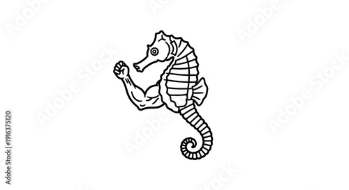 Strong Seahorse Flexing Bicep, Funny Muscular Sea Creature, Fitness Concept