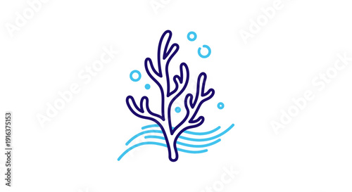Stylized Coral Branch with Bubbles and Waves, Minimalist Underwater Icon
