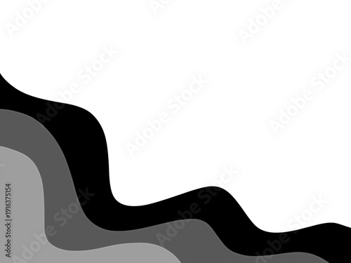 Modern minimalist abstract background featuring smooth flowing wavy lines in black and white tones. Elegant layered curves create a dynamic yet clean composition with monochrome gradients and organic 