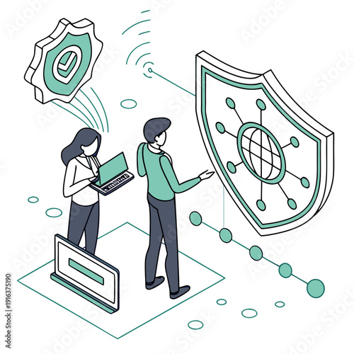 Two people standing next to a large shield with a network diagram