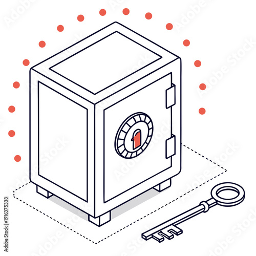 A safe and a key on a white background