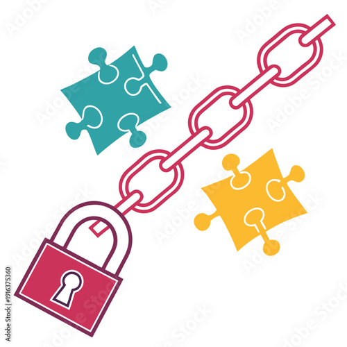 A red lock and chain with two puzzle pieces