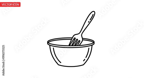 Simple line drawing of a fork in a bowl, clean vector icon for food and dining concepts