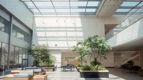 Spacious sunlit office atrium with glass roof, minimalist seating and abundant indoor greenery, creating a bright, biophilic workplace lounge for modern corporate environments