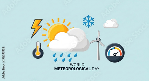 World meteorological day weather forecast icons with cloud rain sun lightning snowflake thermometer wind turbine gauge