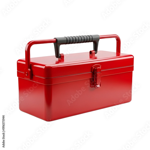 Red metal toolbox with handle and latch viewed from the front